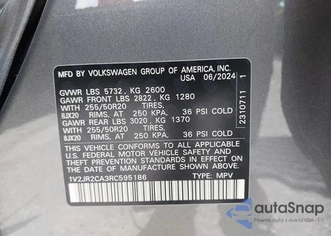 2024 Volkswagen Atlas 2.0T Se W/Technology from USA, damaged, VIN 1V2JR2CA3RC595186
